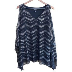 Roz & Ali Top Formal Kaftan Cold Shoulder Sheer Cape Black Silver‎ Chevron 2X